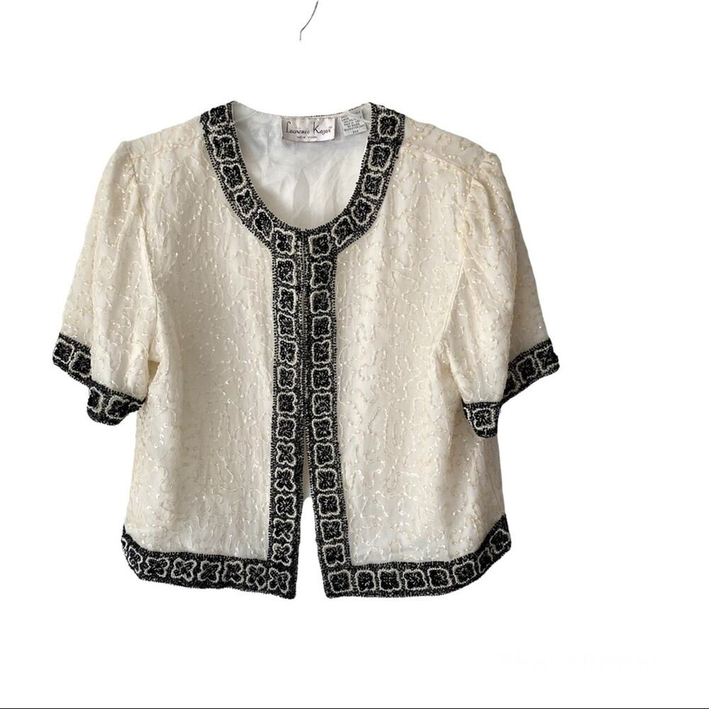 Lawrence Kazar Vintage Ivory Sequin Black Beaded Short Sleeve Jacket Blazer PM
